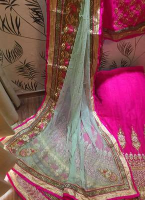Pink Embroidered Net Semi Stitched Lehenga 3