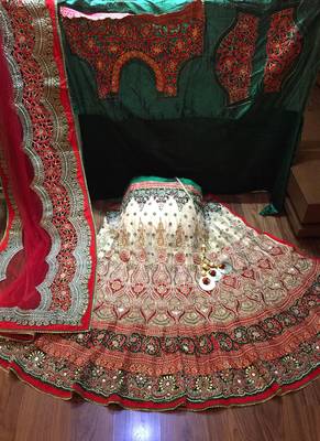 Beige Embroidered Net Semi Stitched Lehenga 1
