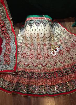 Beige Embroidered Net Semi Stitched Lehenga 2