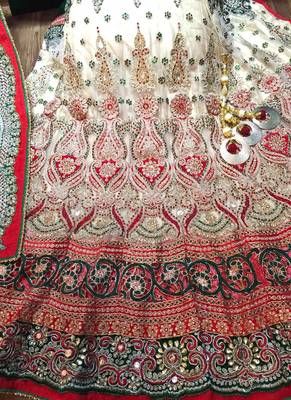 Beige Embroidered Net Semi Stitched Lehenga 3