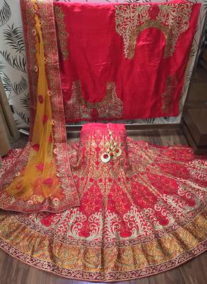 Red Embroidered Satin Semi Stitched Lehenga 1