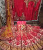 Red Embroidered Satin Semi Stitched Lehenga