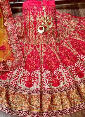 Red Embroidered Satin Semi Stitched Lehenga 2