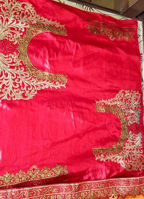 Red Embroidered Satin Semi Stitched Lehenga 3