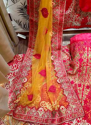 Red Embroidered Satin Semi Stitched Lehenga 4