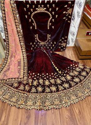 Maroon Embroidered Velvet Semi Stitched Lehenga 1