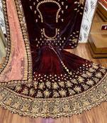 Maroon Embroidered Velvet Semi Stitched Lehenga