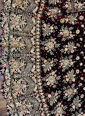 Maroon Embroidered Velvet Semi Stitched Lehenga 2