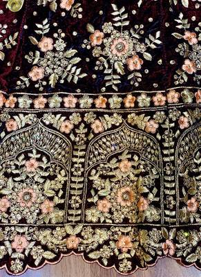Maroon Embroidered Velvet Semi Stitched Lehenga 3