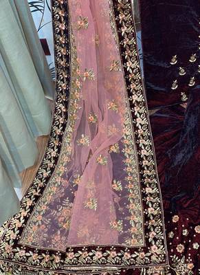 Maroon Embroidered Velvet Semi Stitched Lehenga 4