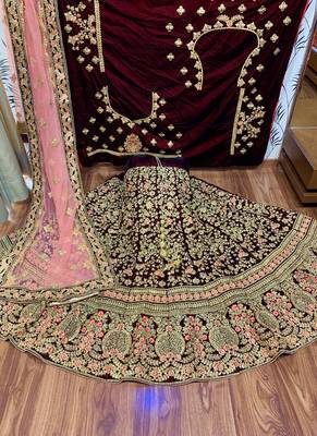 Maroon Embroidered Velvet Semi Stitched Lehenga 1