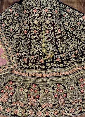 Maroon Embroidered Velvet Semi Stitched Lehenga 2