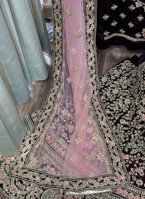 Maroon Embroidered Velvet Semi Stitched Lehenga 4