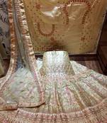 Cream Embroidered Satin Semi Stitched Lehenga