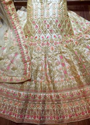 Cream Embroidered Satin Semi Stitched Lehenga 2