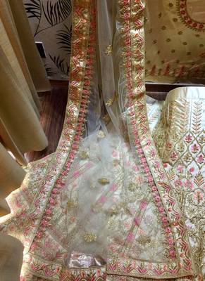 Cream Embroidered Satin Semi Stitched Lehenga 3
