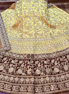 Yellow Embroidered Satin Semi Stitched Lehenga 2