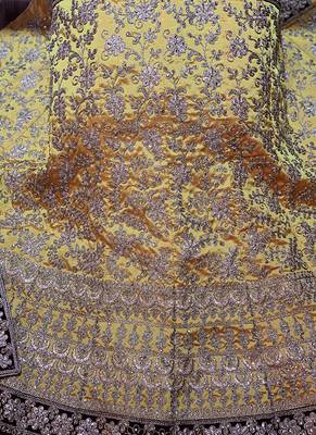 Yellow Embroidered Satin Semi Stitched Lehenga 3