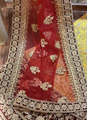 Yellow Embroidered Satin Semi Stitched Lehenga 4