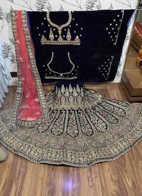 Blue Embroidered Velvet Semi Stitched Lehenga 1