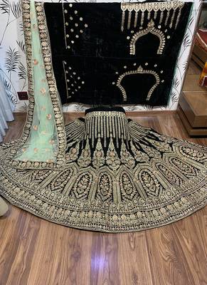 Green Embroidered Velvet Semi Stitched Lehenga 1