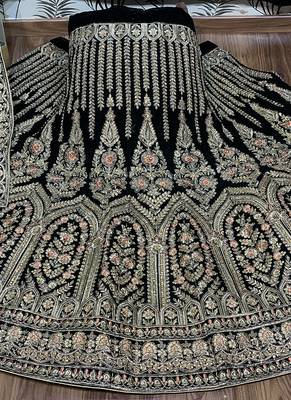 Green Embroidered Velvet Semi Stitched Lehenga 2