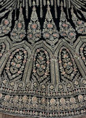 Green Embroidered Velvet Semi Stitched Lehenga 3