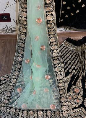 Green Embroidered Velvet Semi Stitched Lehenga 4