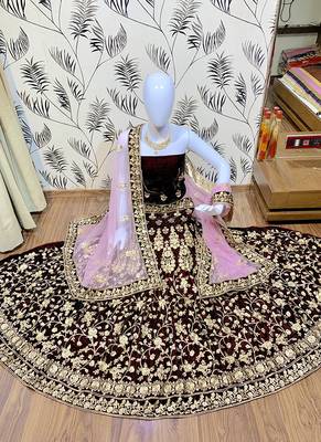 Maroon Embroidered Velvet Semi Stitched Lehenga 1