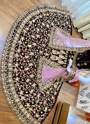 Maroon Embroidered Velvet Semi Stitched Lehenga 2