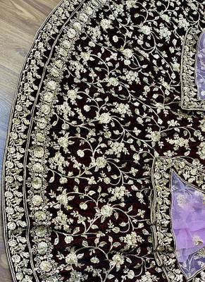 Maroon Embroidered Velvet Semi Stitched Lehenga 4