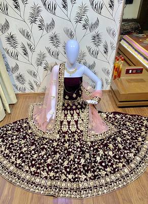 Purple Embroidered Velvet Semi Stitched Lehenga 1