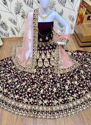 Purple Embroidered Velvet Semi Stitched Lehenga 2