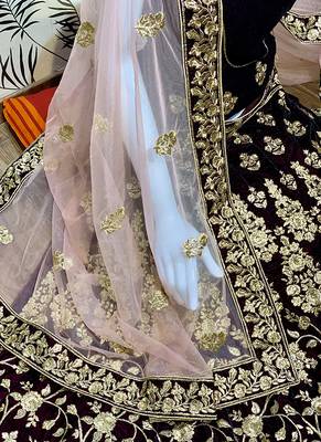 Purple Embroidered Velvet Semi Stitched Lehenga 4