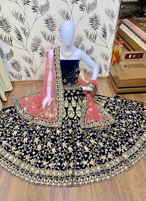 Blue Embroidered Velvet Semi Stitched Lehenga 1