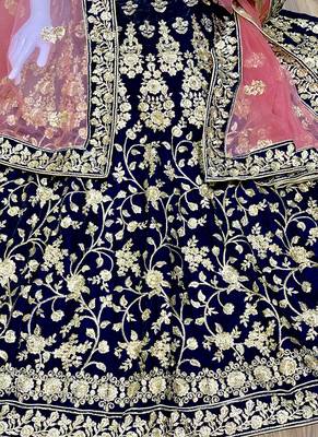 Blue Embroidered Velvet Semi Stitched Lehenga 2