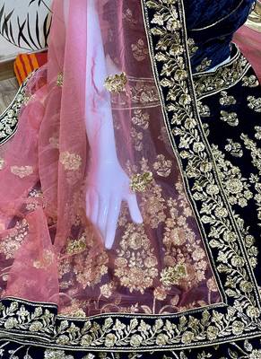 Blue Embroidered Velvet Semi Stitched Lehenga 3