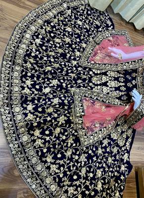 Blue Embroidered Velvet Semi Stitched Lehenga 4