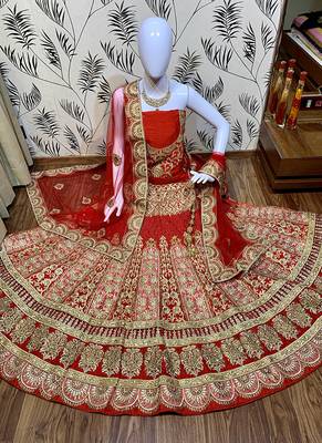 Red Embroidered Satin Semi Stitched Lehenga 1