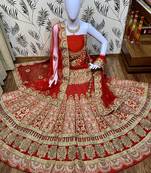 Red Embroidered Satin Semi Stitched Lehenga