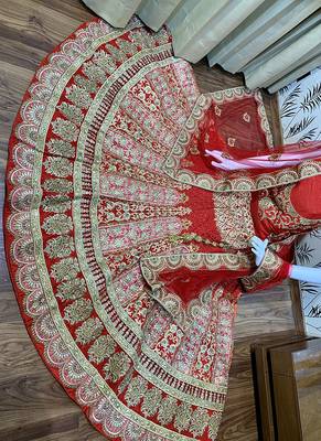 Red Embroidered Satin Semi Stitched Lehenga 2