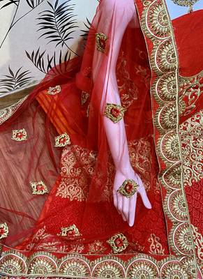 Red Embroidered Satin Semi Stitched Lehenga 3