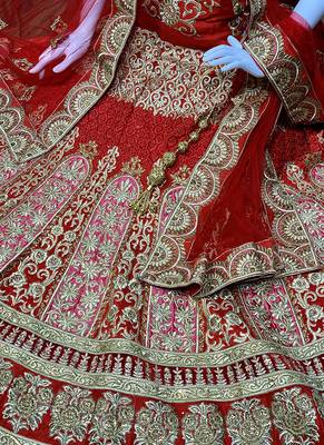 Red Embroidered Satin Semi Stitched Lehenga 4
