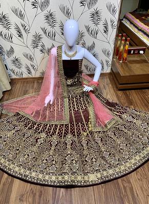 Purple Embroidered Velvet Semi Stitched Lehenga 1