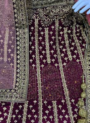 Purple Embroidered Velvet Semi Stitched Lehenga 2