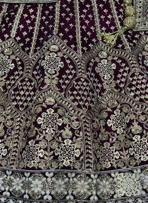 Purple Embroidered Velvet Semi Stitched Lehenga 3