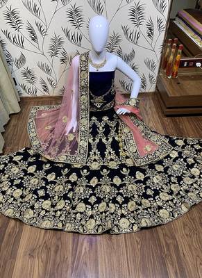 Blue Embroidered Velvet Semi Stitched Lehenga 1