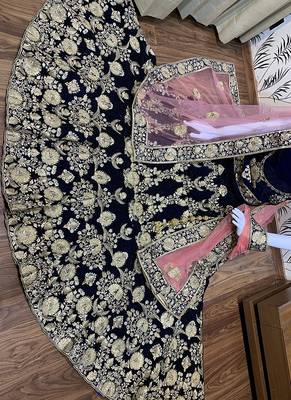 Blue Embroidered Velvet Semi Stitched Lehenga 2