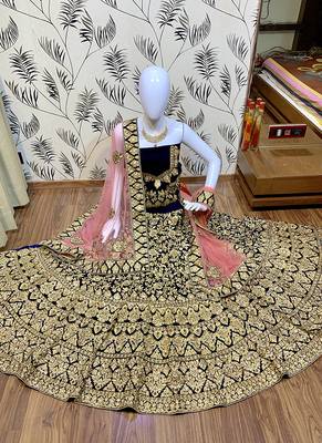 Blue Embroidered Velvet Semi Stitched Lehenga 1