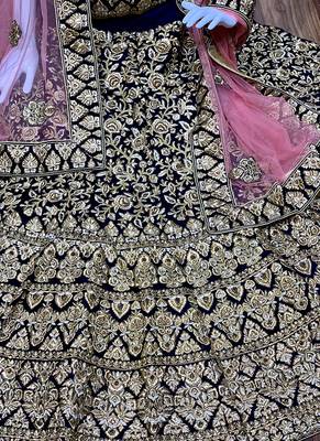 Blue Embroidered Velvet Semi Stitched Lehenga 2
